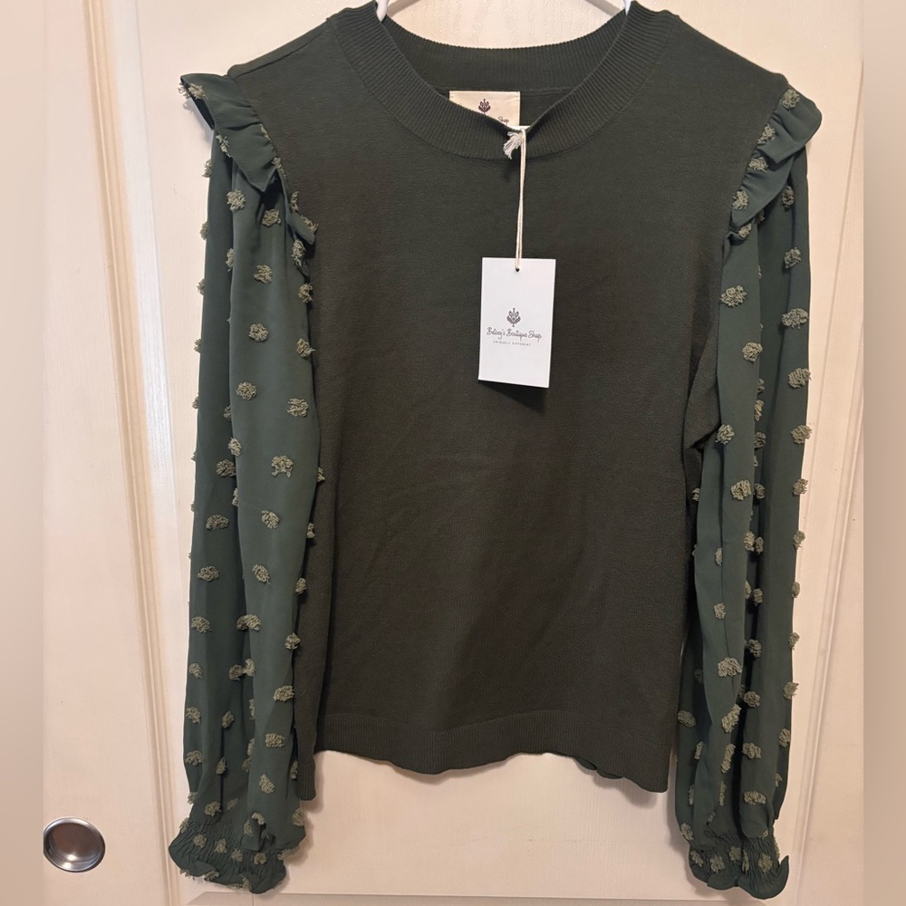 NWT Green Crewneck Sweater with Sheer Ruffled Sleeves